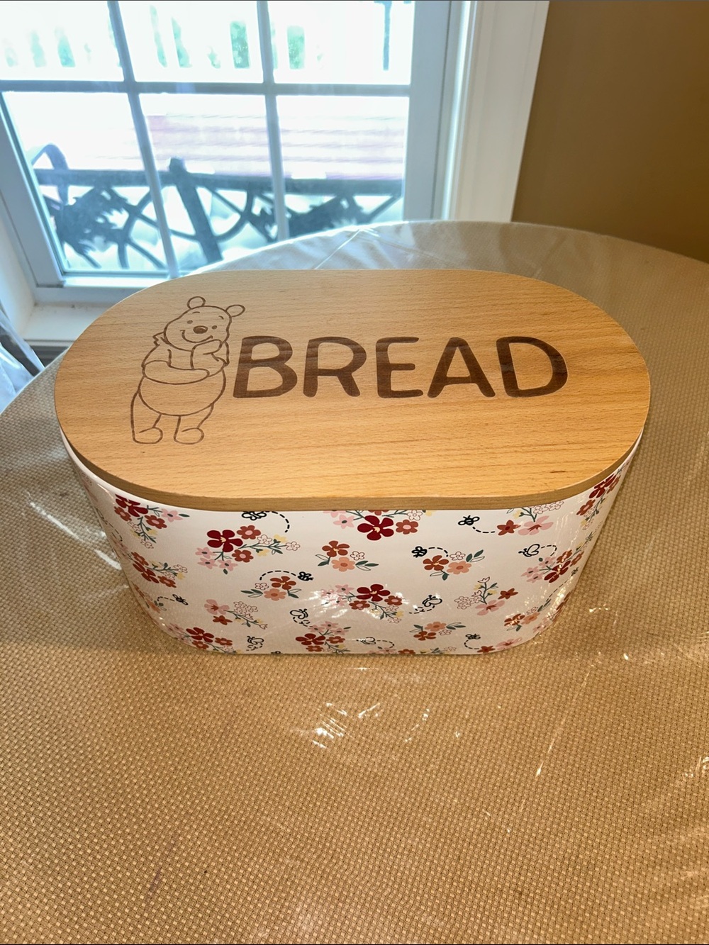 Winnie the Pooh Floral Bread Box with Wooden Lid